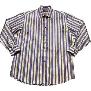 Men’s Leonardi Italy Brand Purple and Gold Striped Button Down Shirt Size XL